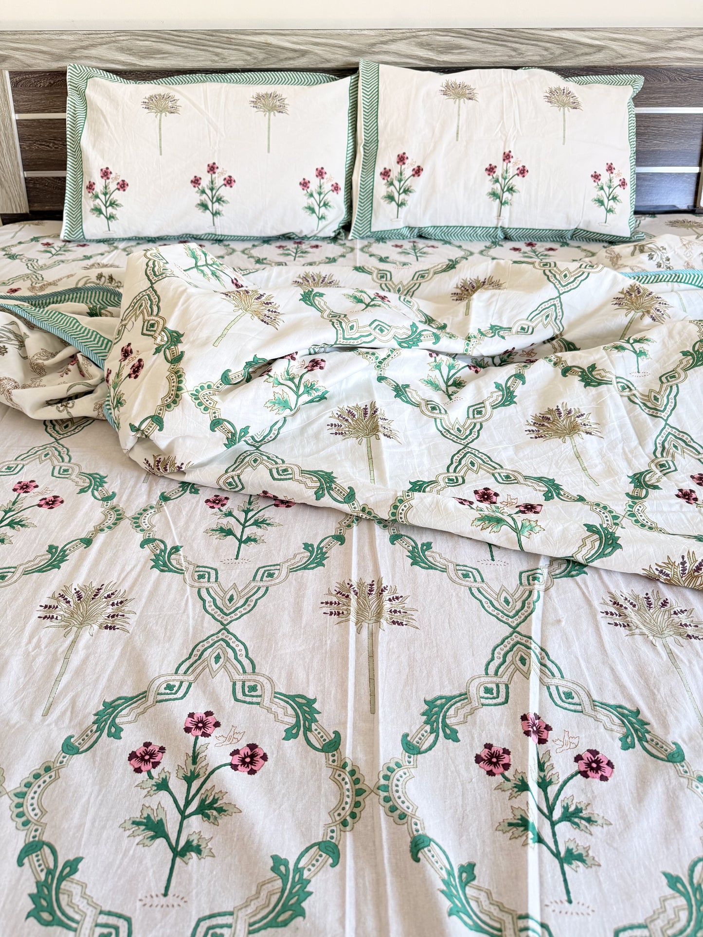 Green Floral Handblock Double Bedsheet