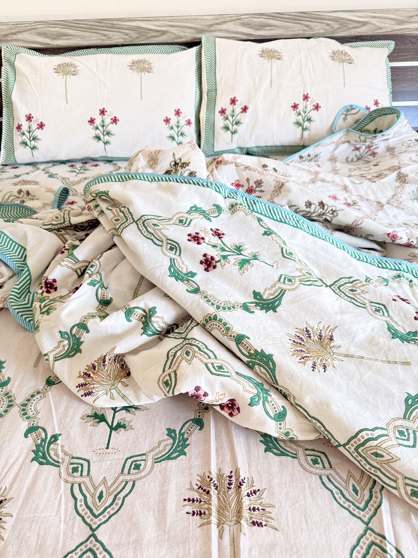 Green Cotton hand block Double Dohar With Double Bedsheet