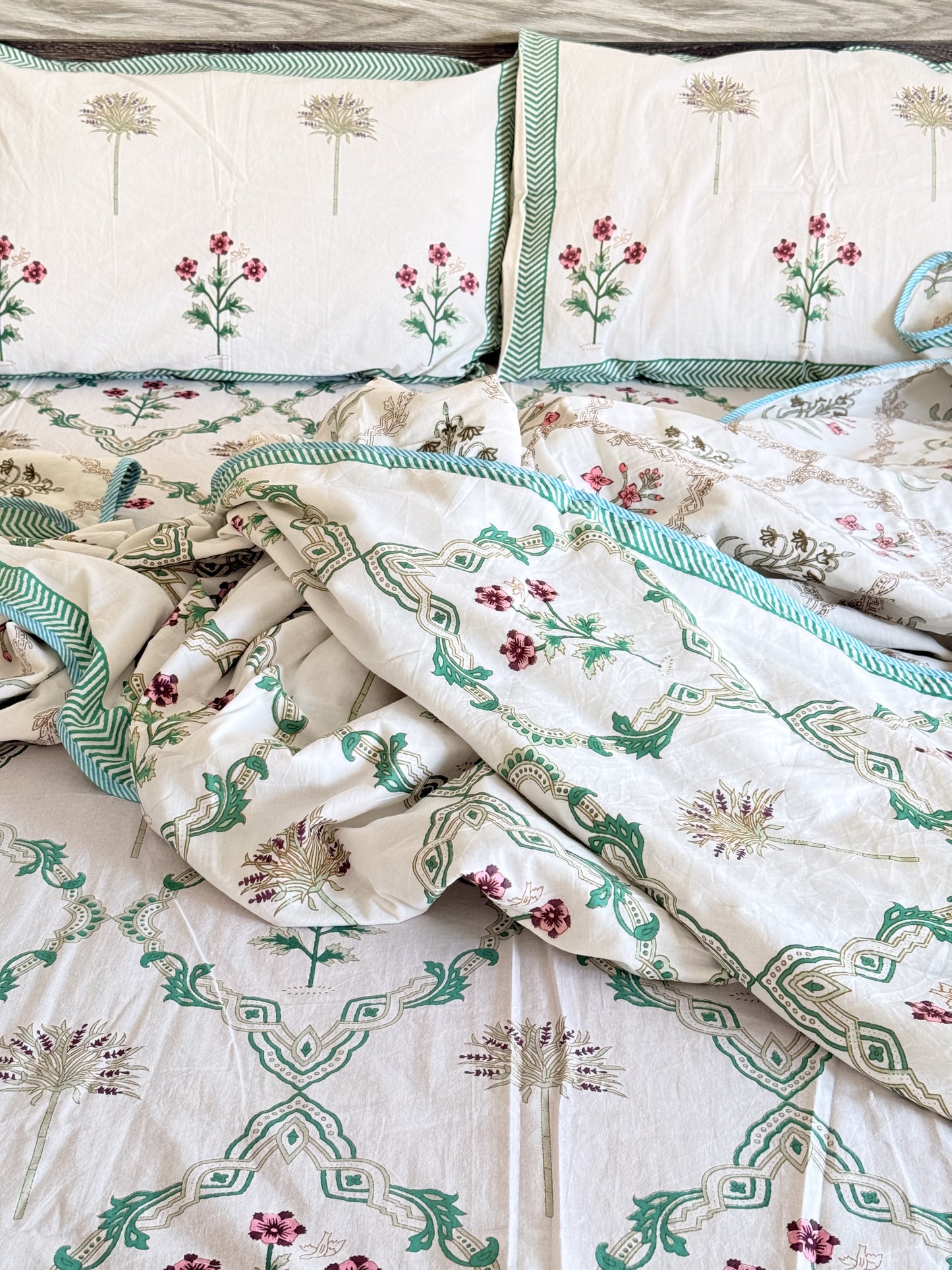 Green Cotton hand block Double Dohar With Double Bedsheet
