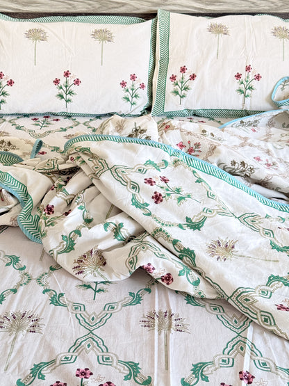 Green Cotton hand block Double Dohar With Double Bedsheet