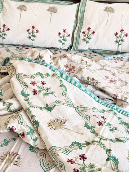 Green Cotton hand block Double Dohar With Double Bedsheet