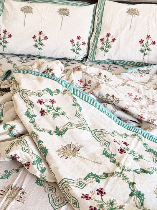 Green Cotton hand block Double Dohar With Double Bedsheet