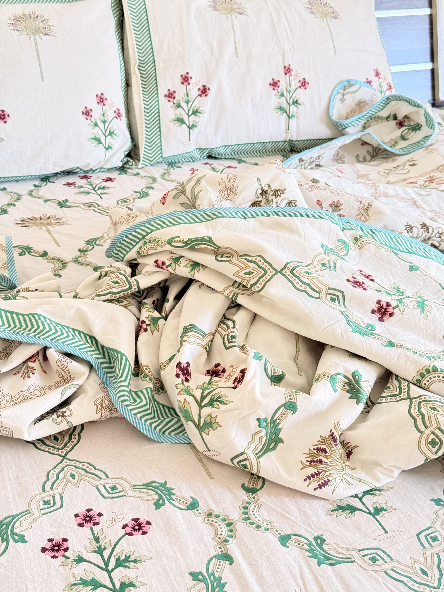 Green Cotton hand block Double Dohar With Double Bedsheet