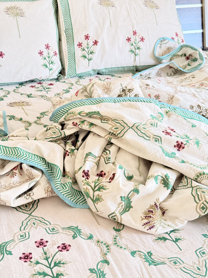 Green Cotton hand block Double Dohar With Double Bedsheet