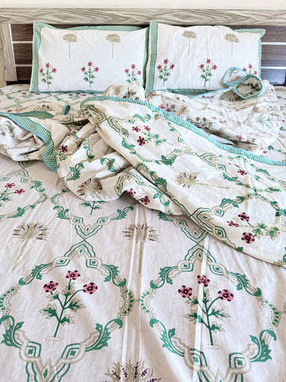 Green Cotton hand block Double Dohar With Double Bedsheet