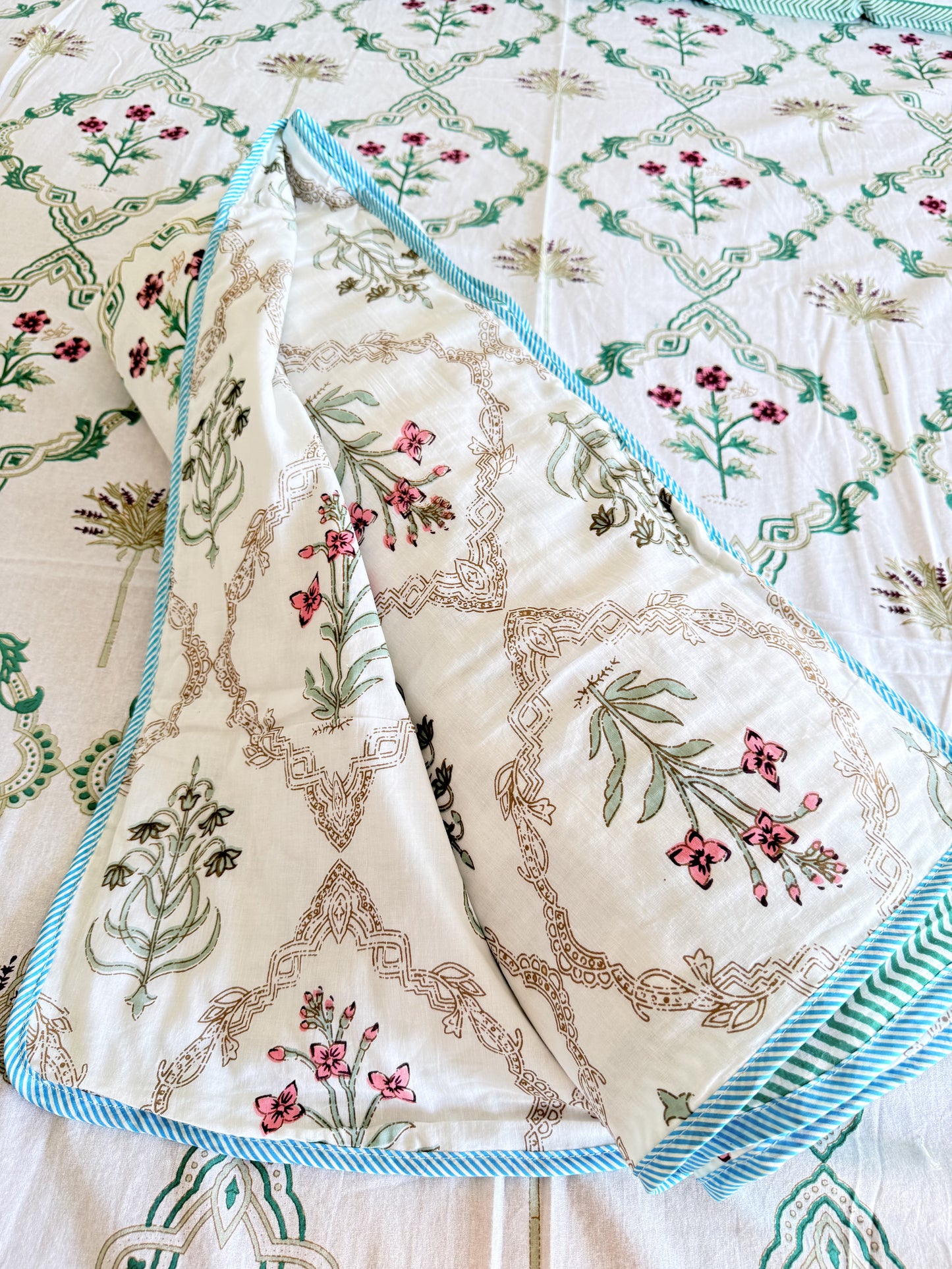 Green Cotton hand block Double Dohar With Double Bedsheet