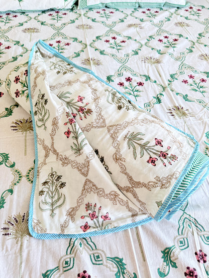 Green Cotton hand block Double Dohar With Double Bedsheet
