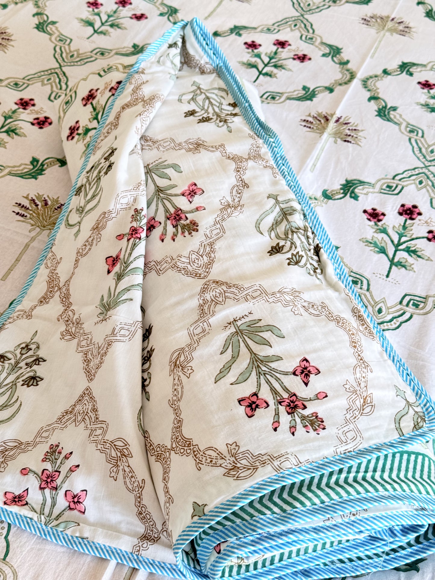 Green Cotton hand block Double Dohar With Double Bedsheet