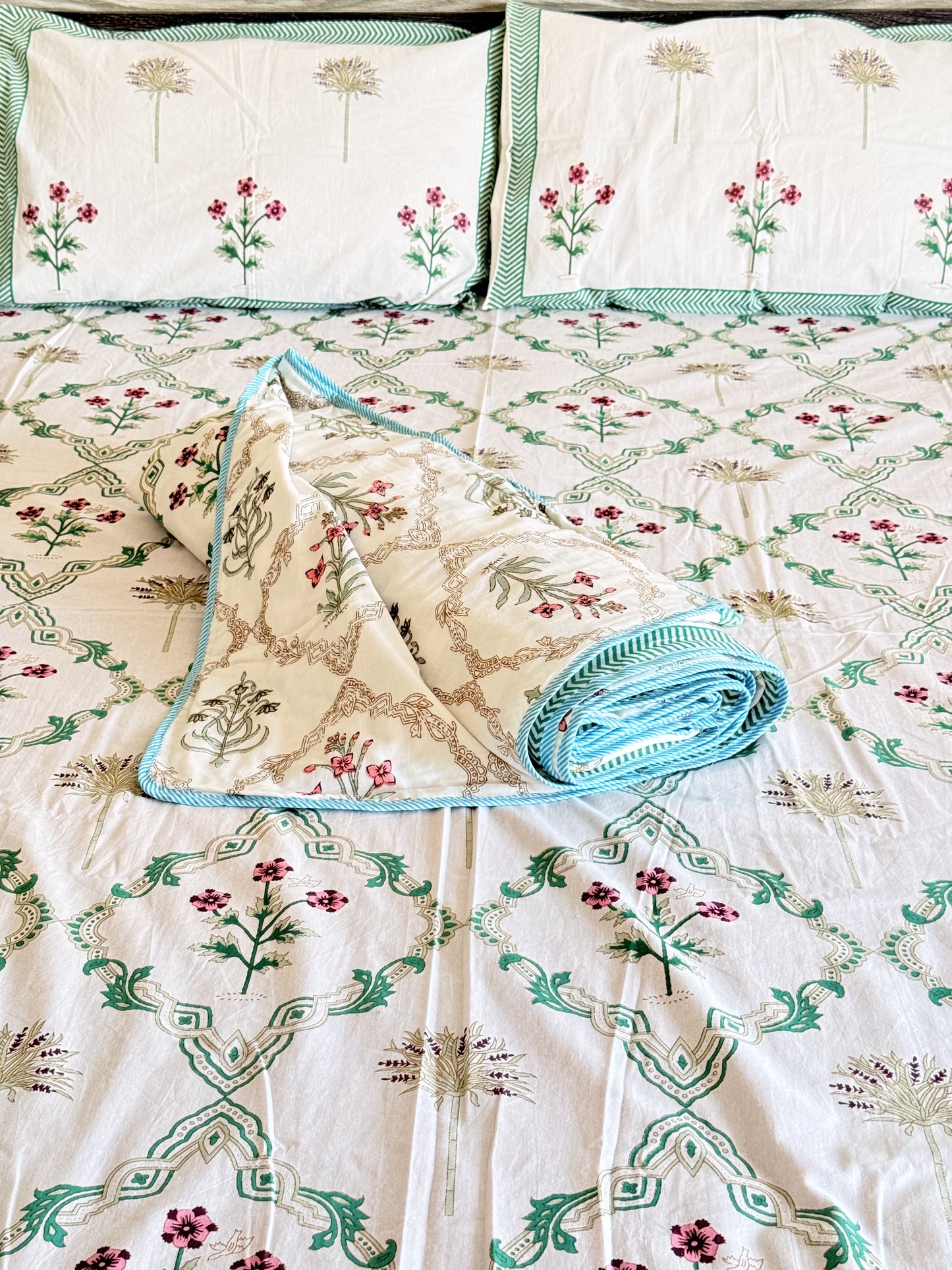 Green Cotton hand block Double Dohar With Double Bedsheet