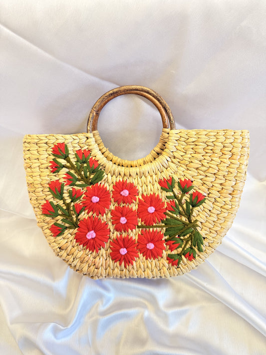 Red Blossom U-Shaped Kauna Embroidery Bag