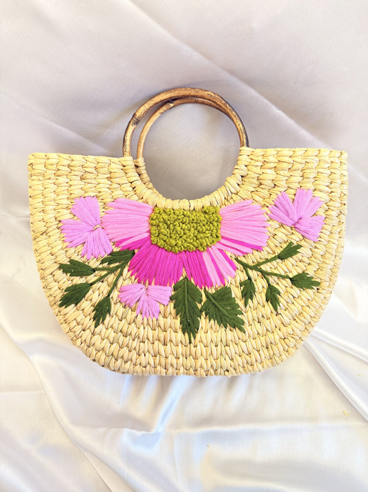 Pink Big Floral U-Shaped Kauna Embroidery Bag
