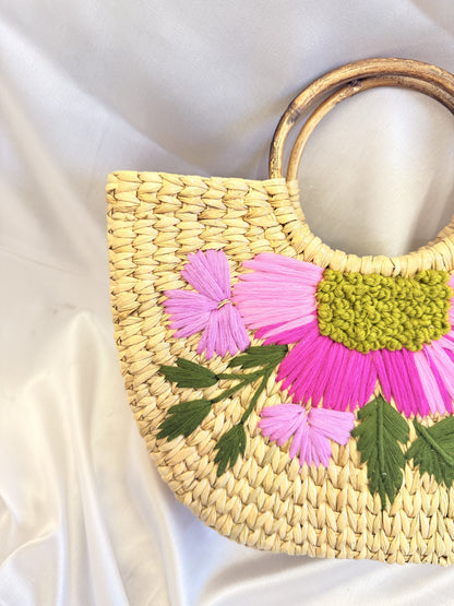 Pink Big Floral U-Shaped Kauna Embroidery Bag