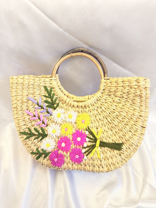 Pink Flower Bunch U-Shape Kauna Embroidery Bag
