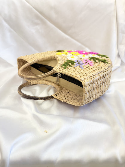 Pink Flower Bunch U-Shape Kauna Embroidery Bag