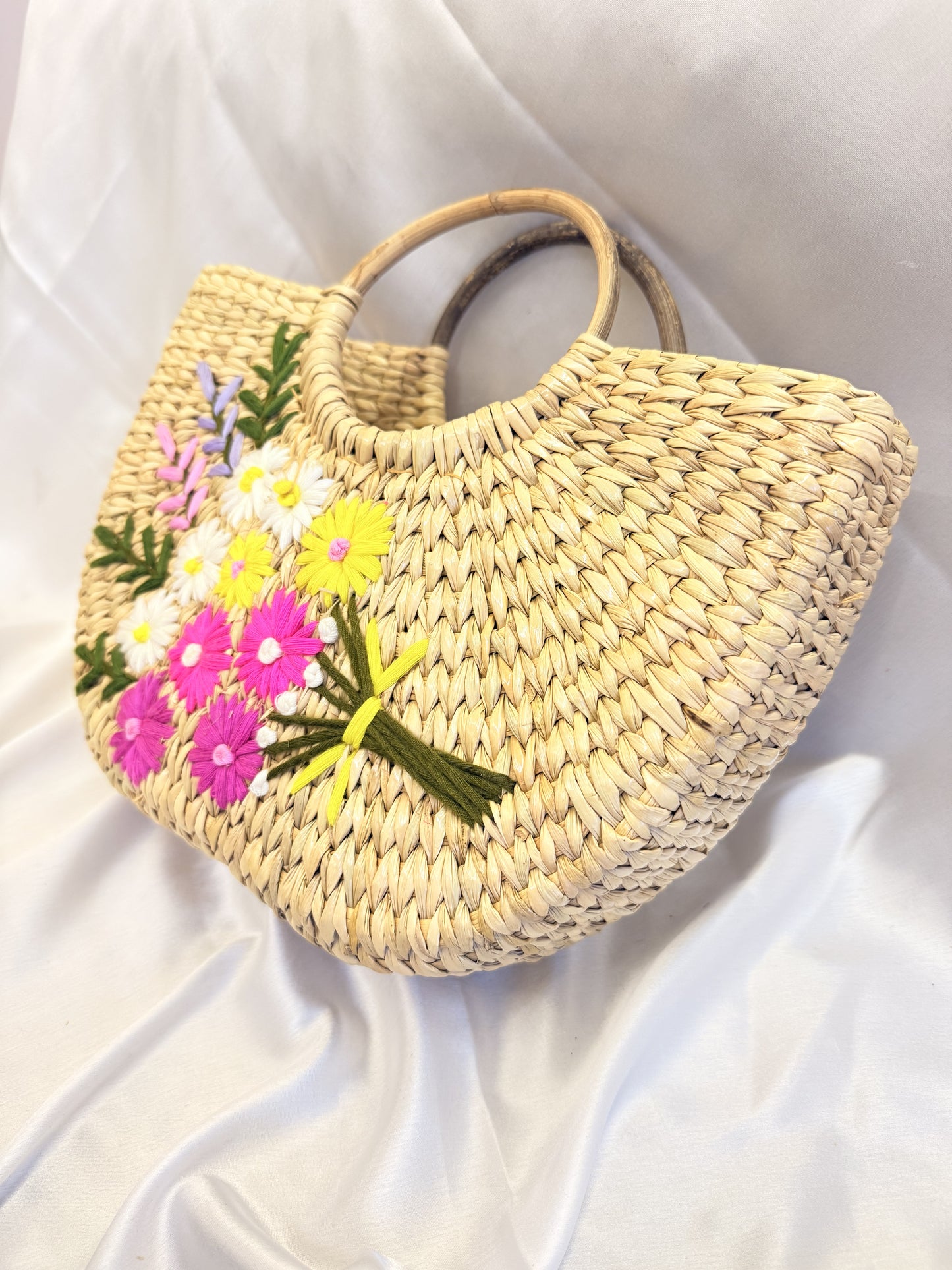 Pink Flower Bunch U-Shape Kauna Embroidery Bag