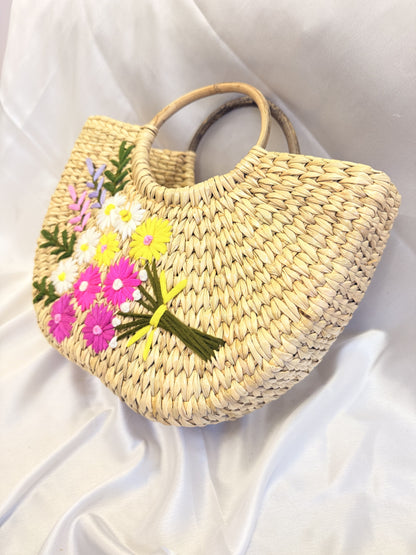 Pink Flower Bunch U-Shape Kauna Embroidery Bag