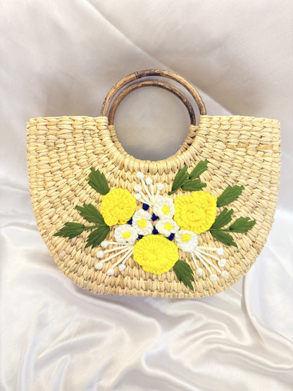Yellow White Daisy U-Shaped Kauna Embroidery Bag