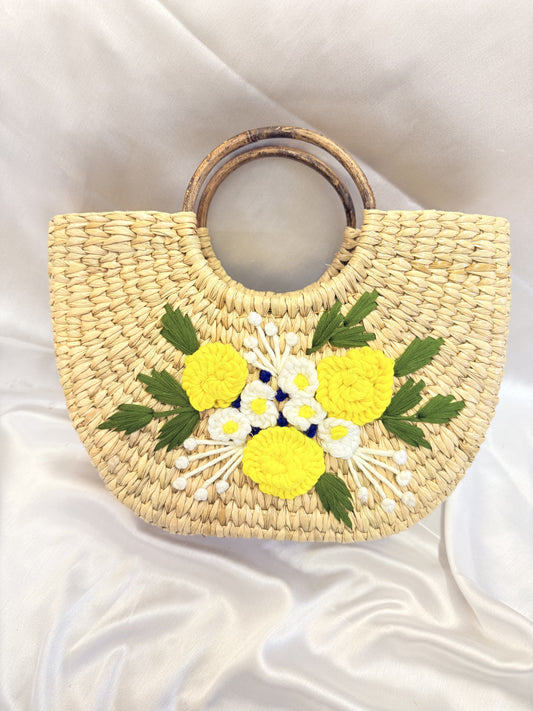 Yellow White Daisy U-Shaped Kauna Embroidery Bag