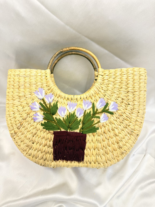 Lilac Floral Pot U-Shape Kauna Embroidery Bag