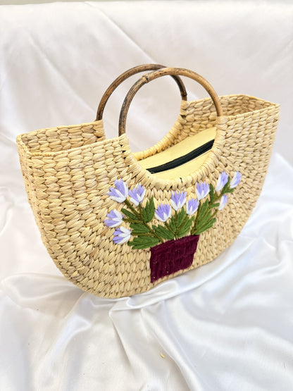 Lilac Floral Pot U-Shape Kauna Embroidery Bag