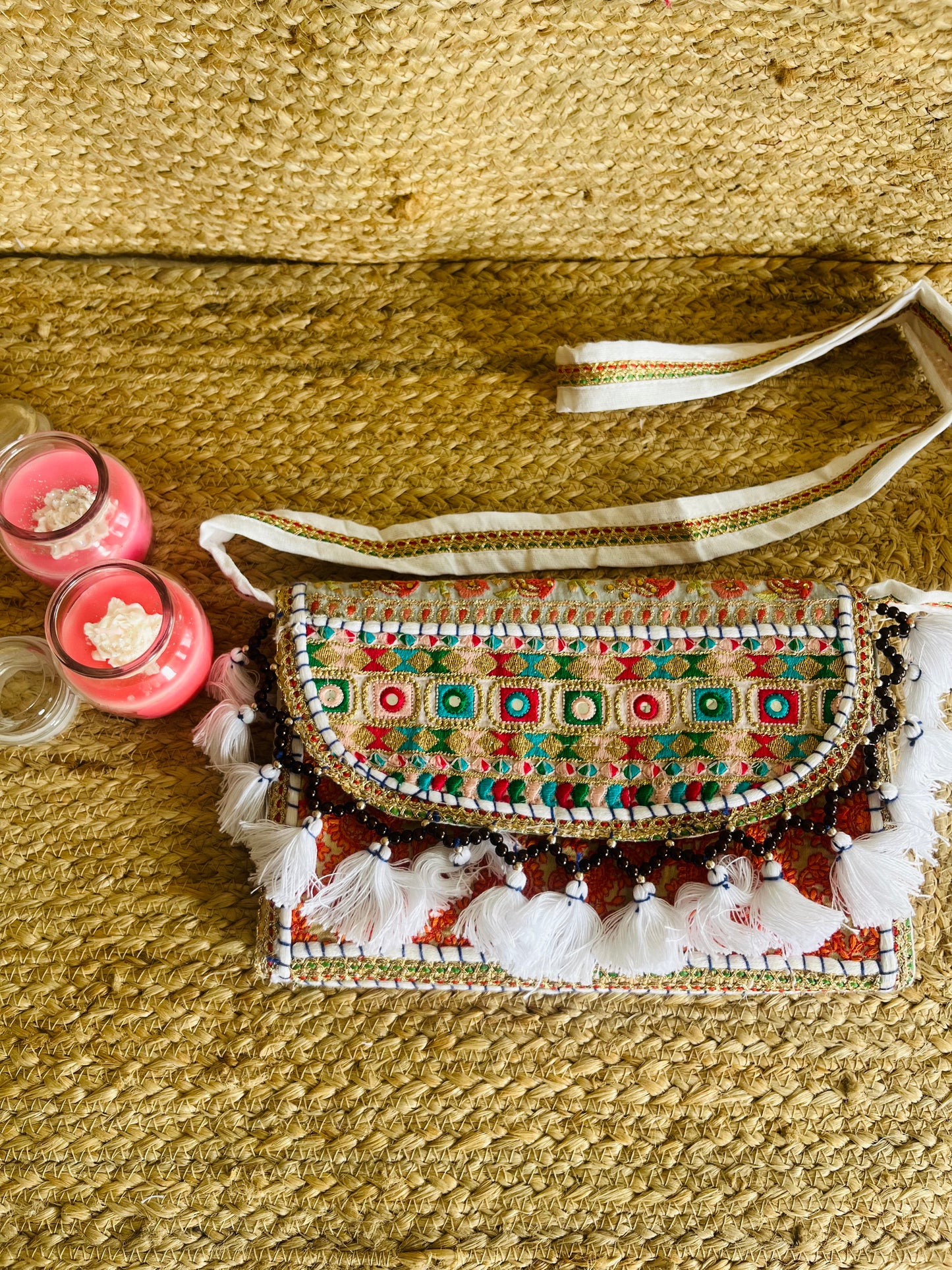 Red Green Multi Color Hand Embroidered Patchwork Sling Bag