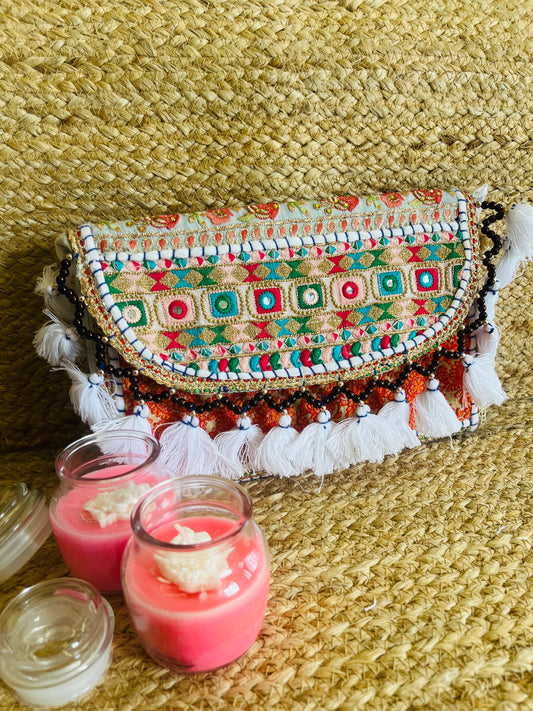 Red Green Multi Color Hand Embroidered Patchwork Sling Bag
