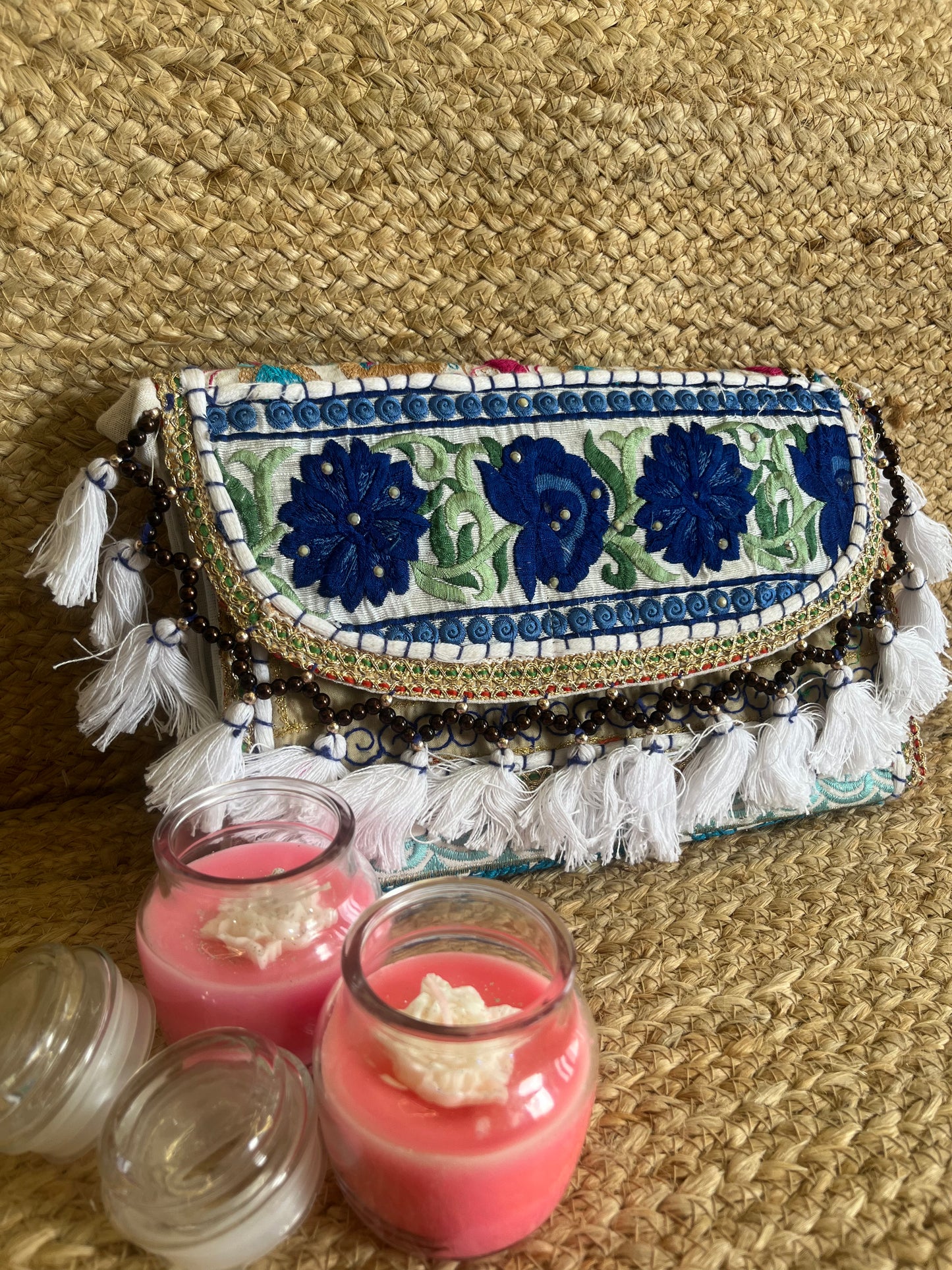 Blue Green Multi-Color Hand Embroidered Patchwork Sling Bag