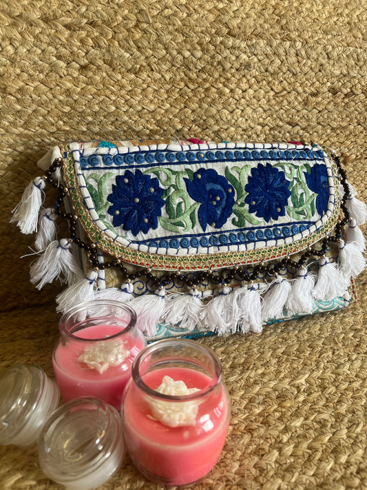 Blue Green Multi-Color Hand Embroidered Patchwork Sling Bag