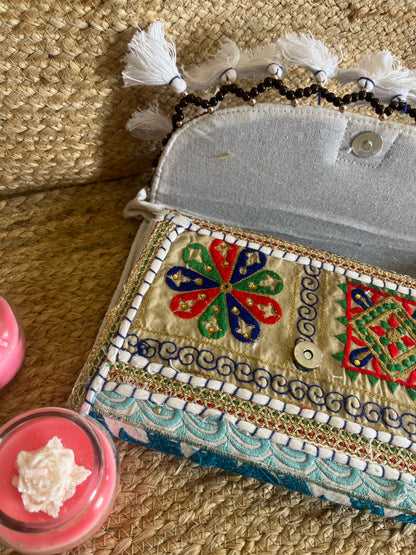 Blue Green Multi-Color Hand Embroidered Patchwork Sling Bag