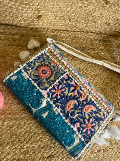 Blue Green Multi-Color Hand Embroidered Patchwork Sling Bag
