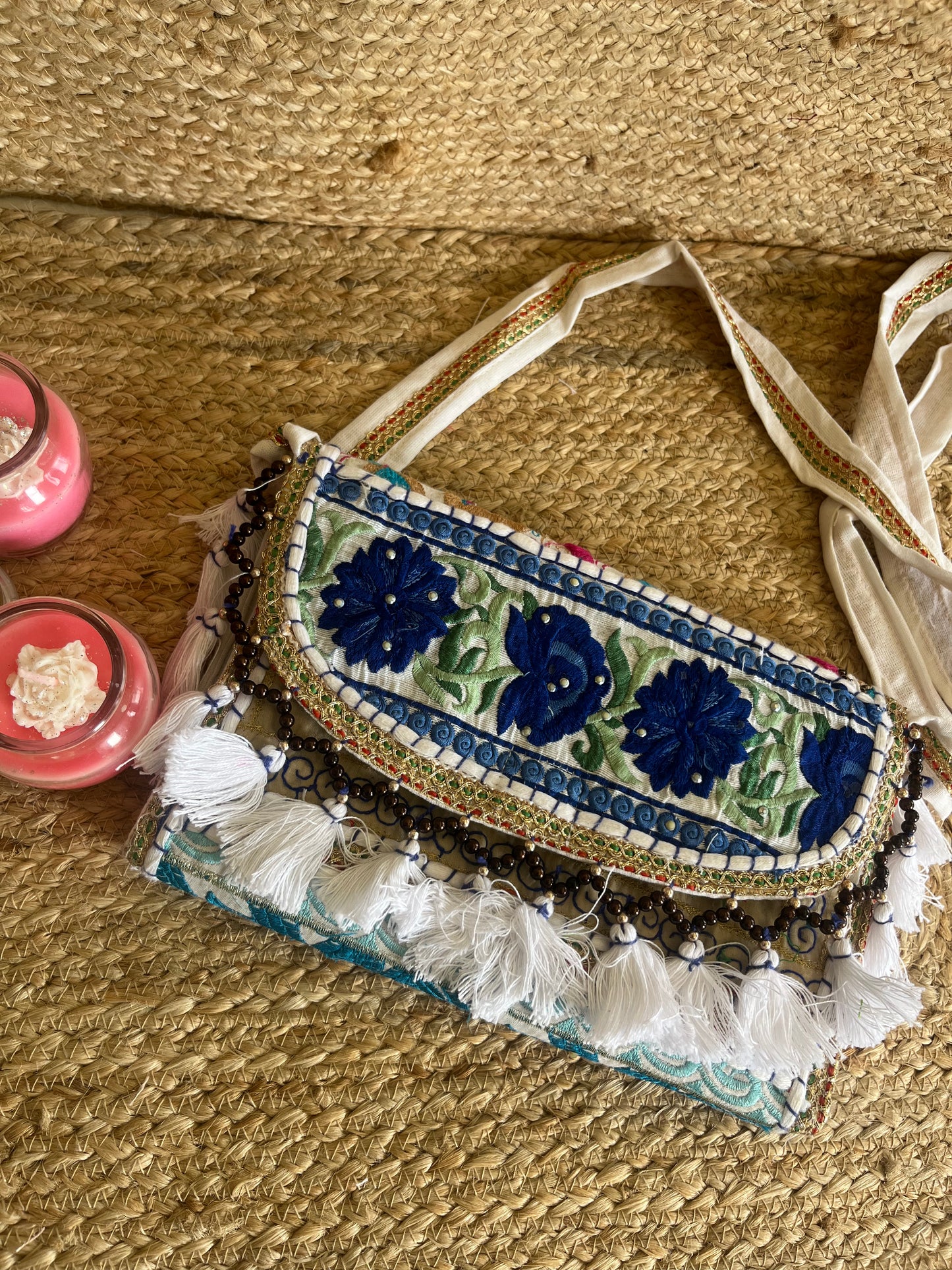 Blue Green Multi-Color Hand Embroidered Patchwork Sling Bag
