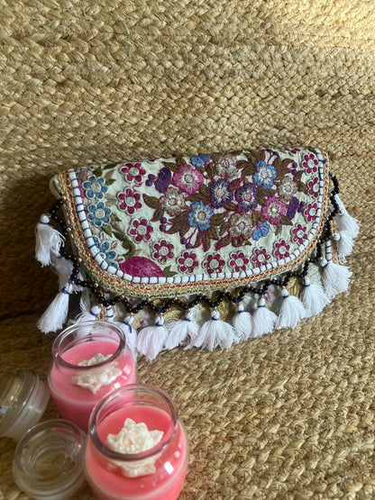 Purple Flower Multi- Color Hand Embroidered Patchwork Sling Bag