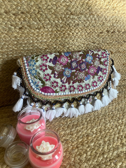 Purple Flower Multi- Color Hand Embroidered Patchwork Sling Bag