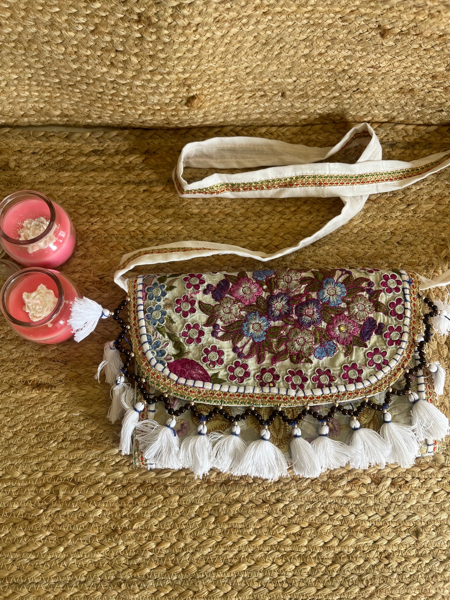 Purple Flower Multi- Color Hand Embroidered Patchwork Sling Bag