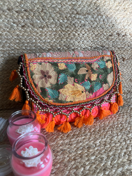Orange Multi-Color Hand Embroidered Patchwork Sling Bag