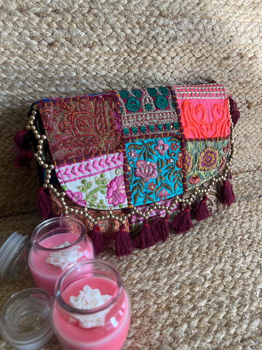 Magenta Multi-Color Hand Embroidered Patchwork Sling Bag