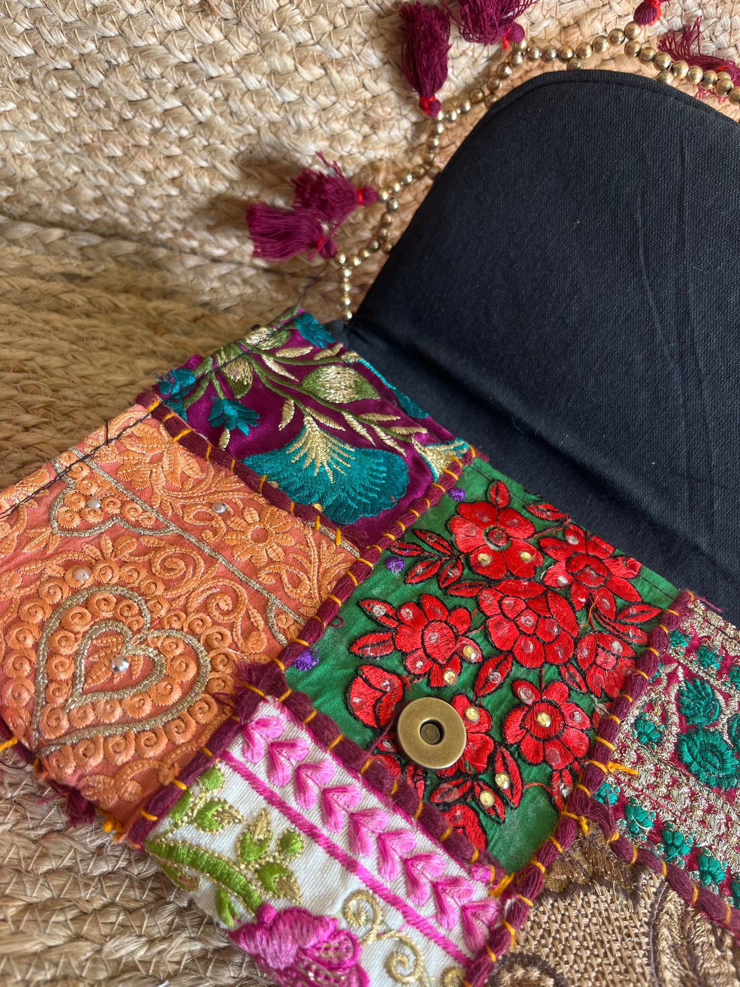 Magenta Multi-Color Hand Embroidered Patchwork Sling Bag