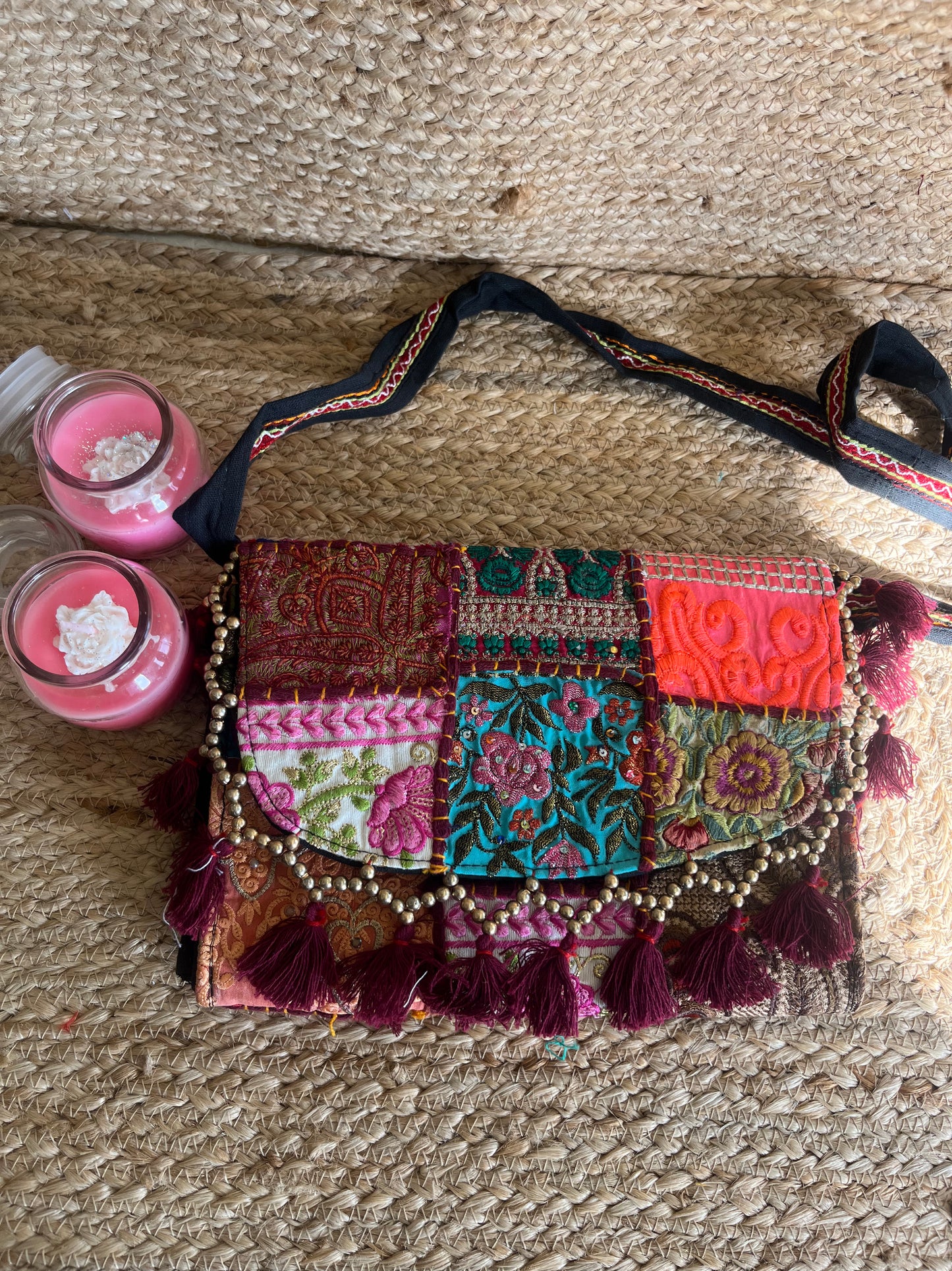 Magenta Multi-Color Hand Embroidered Patchwork Sling Bag