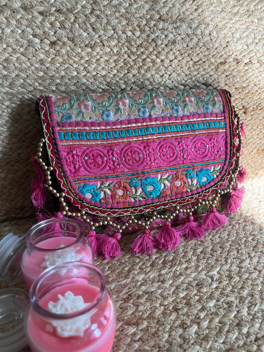 Pink Multi-Color Hand Embroidered Patchwork Sling Bag