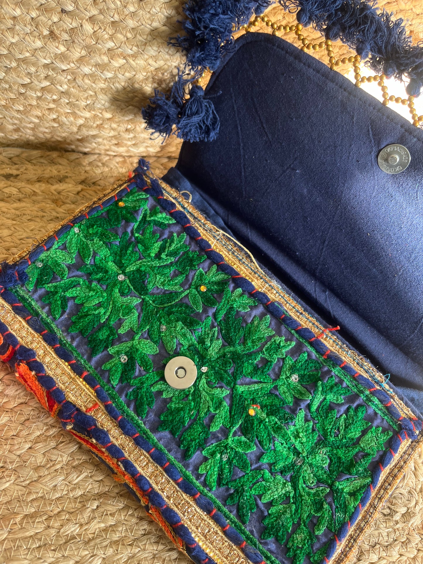 Green Blue Multi-Color Hand Embroidered patchwork Sling Bag