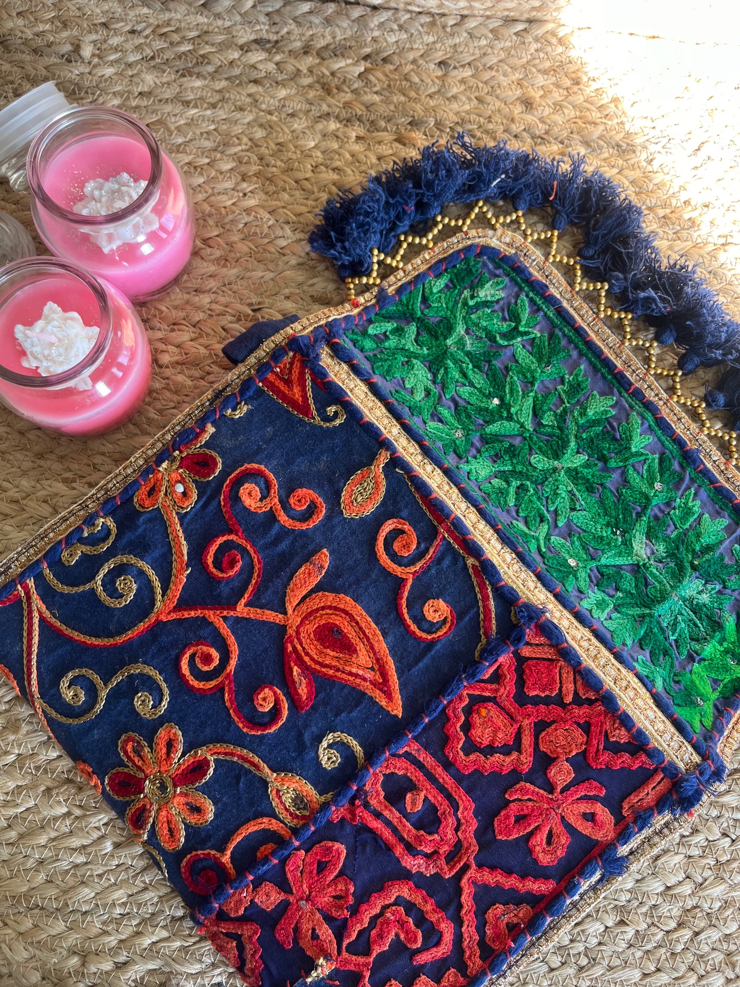 Green Blue Multi-Color Hand Embroidered patchwork Sling Bag