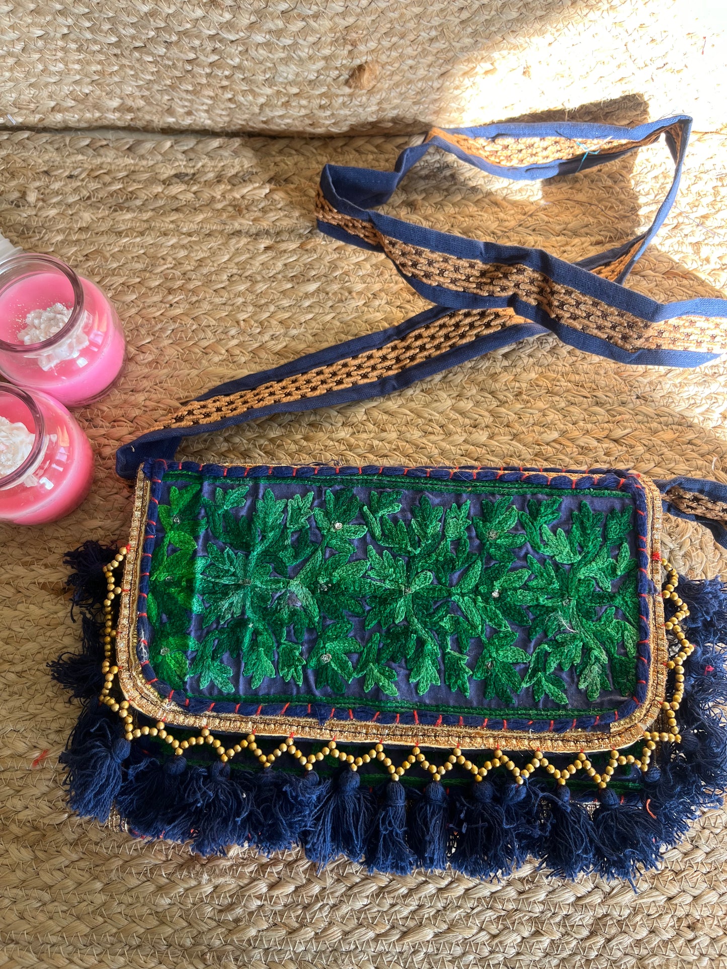 Green Blue Multi-Color Hand Embroidered patchwork Sling Bag