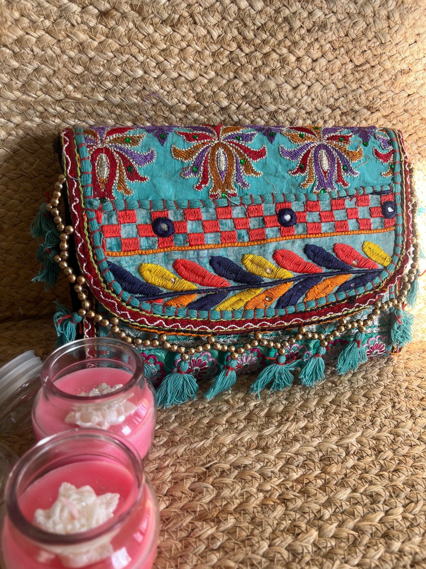 Teal Blue Multi Color Hand Embroidered Patchwork Sling Bag