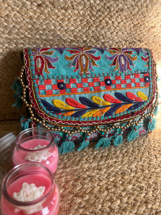 Teal Blue Multi Color Hand Embroidered Patchwork Sling Bag