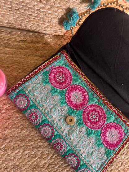 Teal Blue Multi Color Hand Embroidered Patchwork Sling Bag