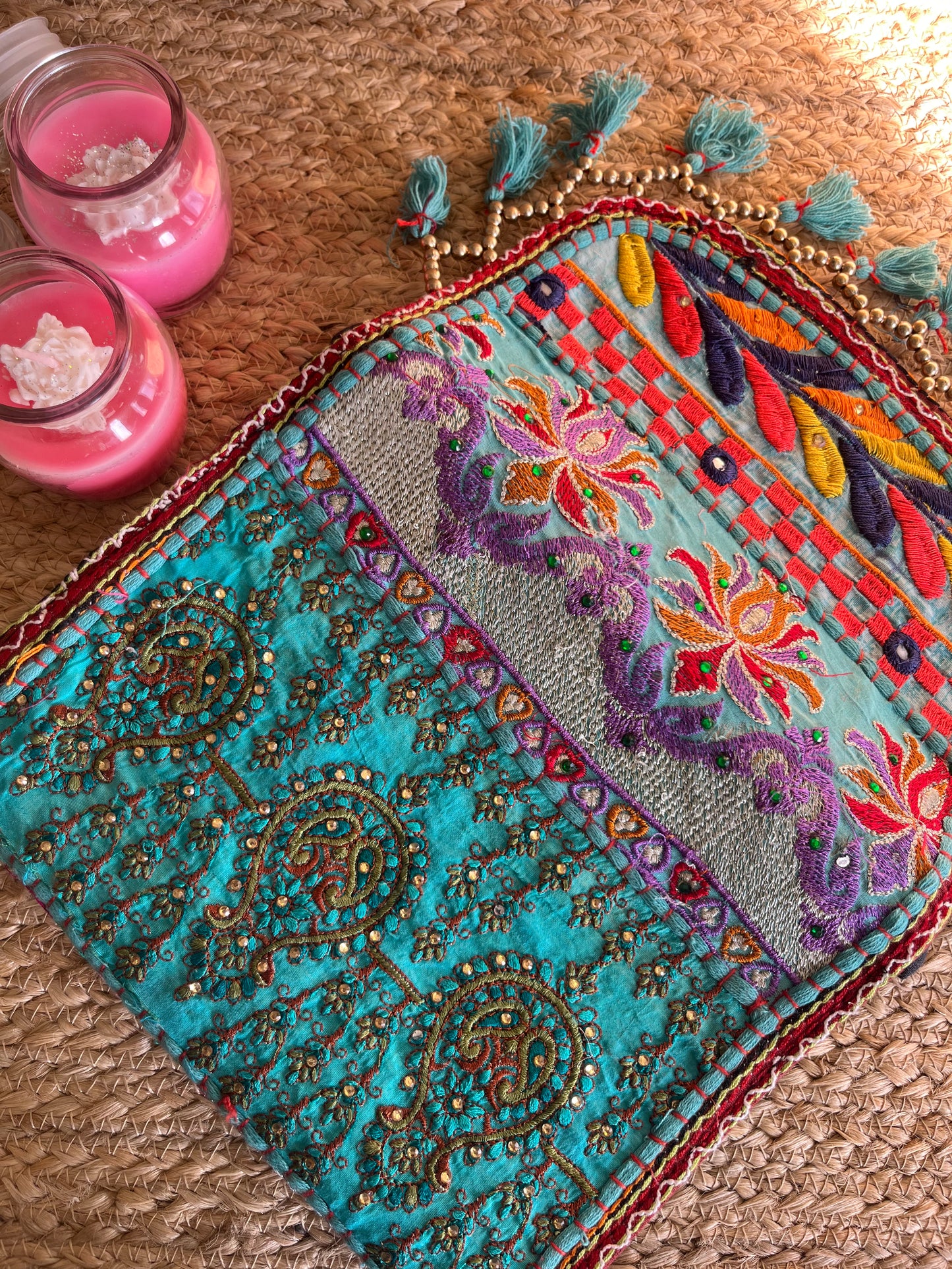 Teal Blue Multi Color Hand Embroidered Patchwork Sling Bag