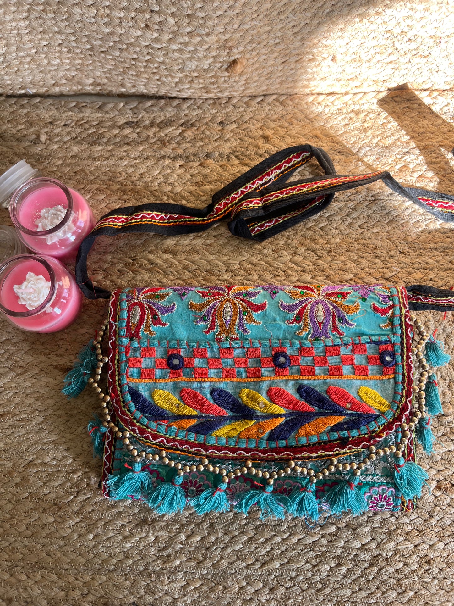Teal Blue Multi Color Hand Embroidered Patchwork Sling Bag