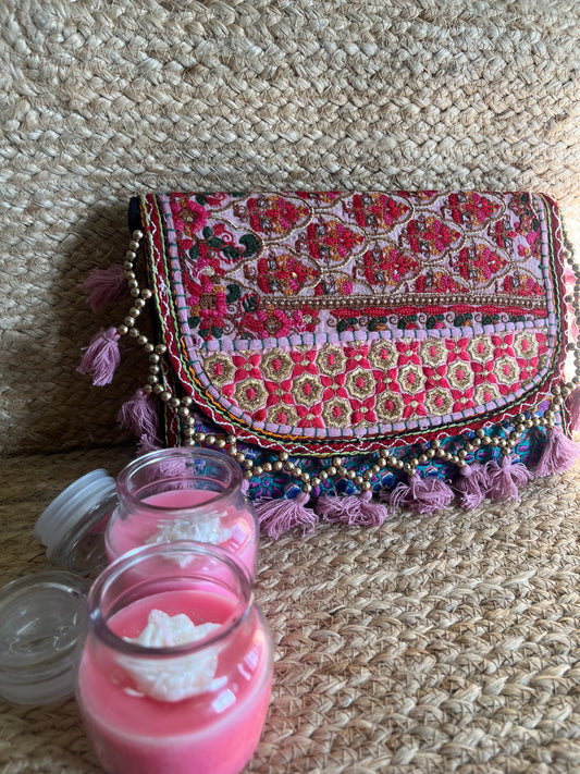 Baby Pink Multi-Color Hand Embroidered Patchwork Sling Bag