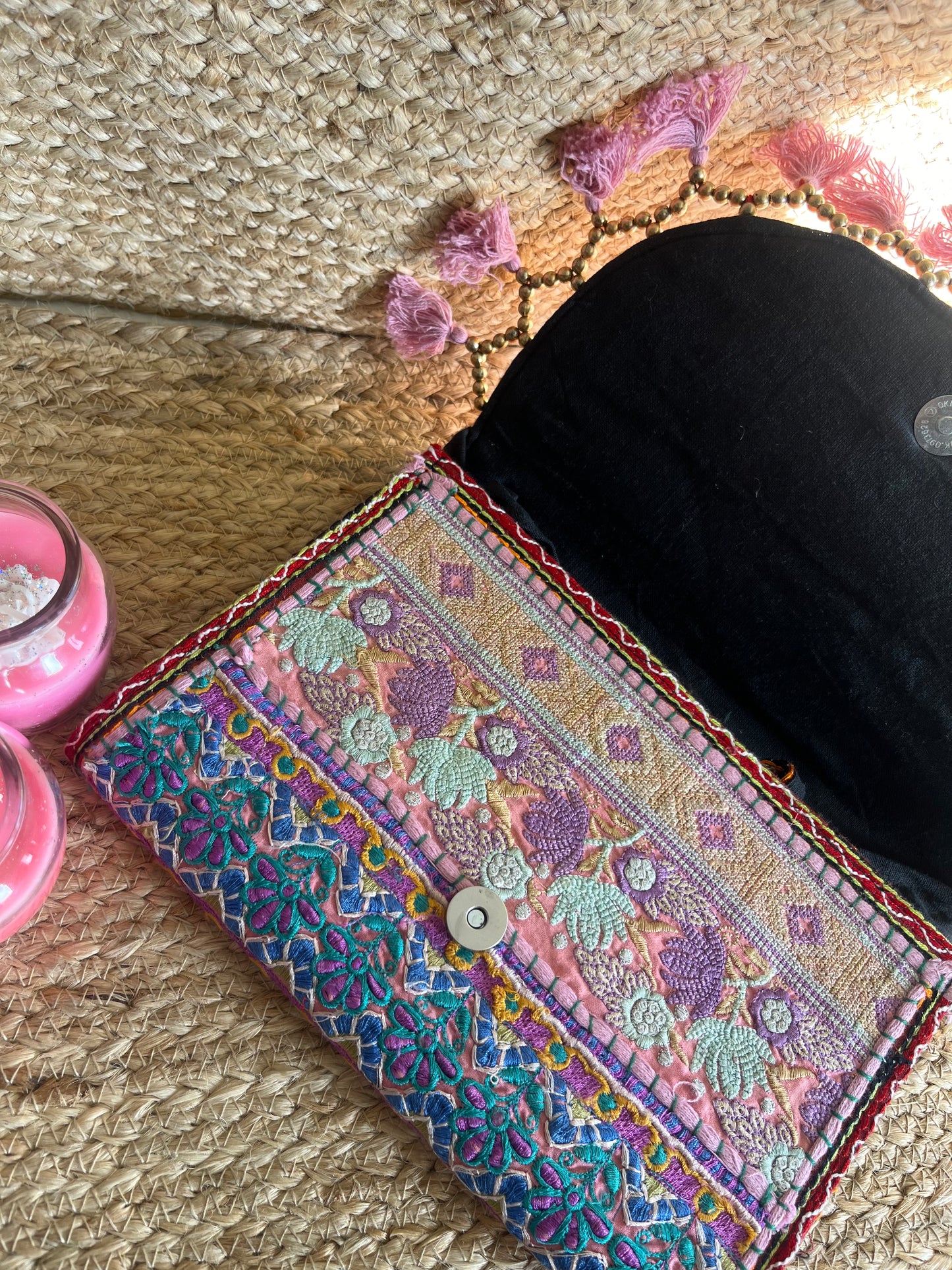 Baby Pink Multi-Color Hand Embroidered Patchwork Sling Bag
