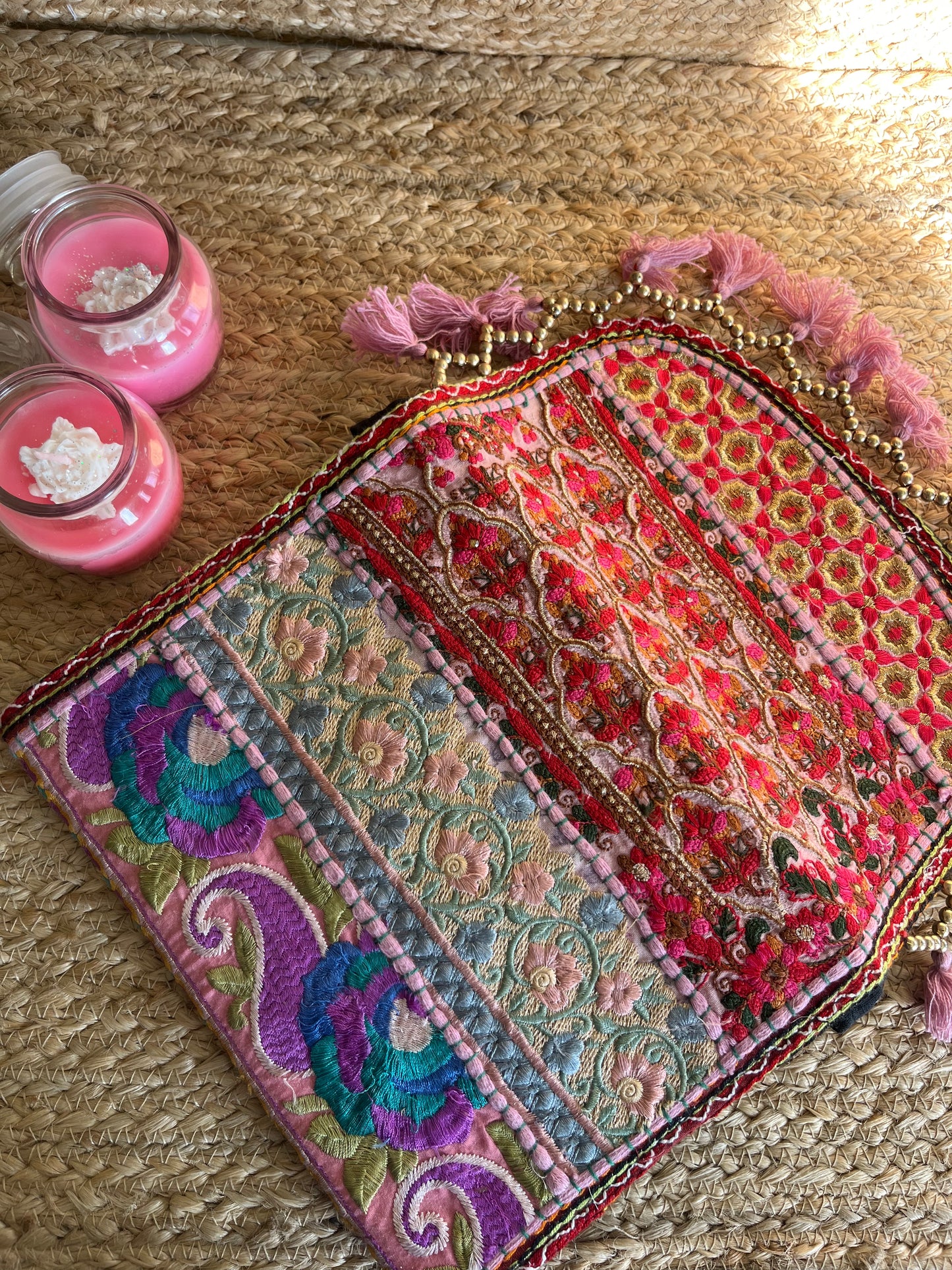 Baby Pink Multi-Color Hand Embroidered Patchwork Sling Bag